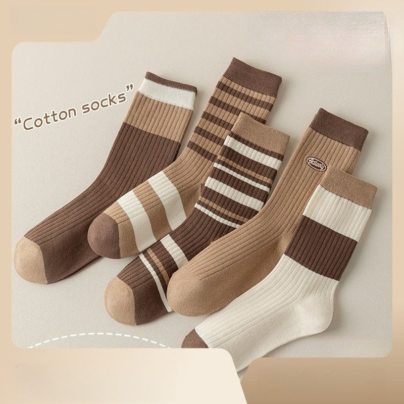 5 Colors Cotton Retro Striped Crew Socks