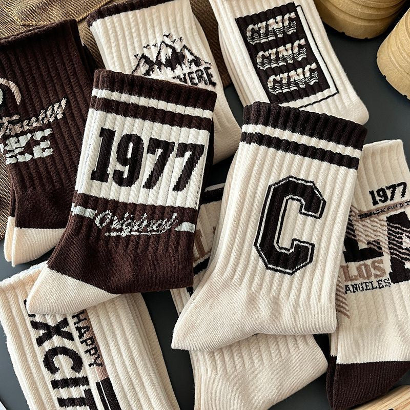 Men's Cotton Retro Letter & Number Print Sports Crew Socks