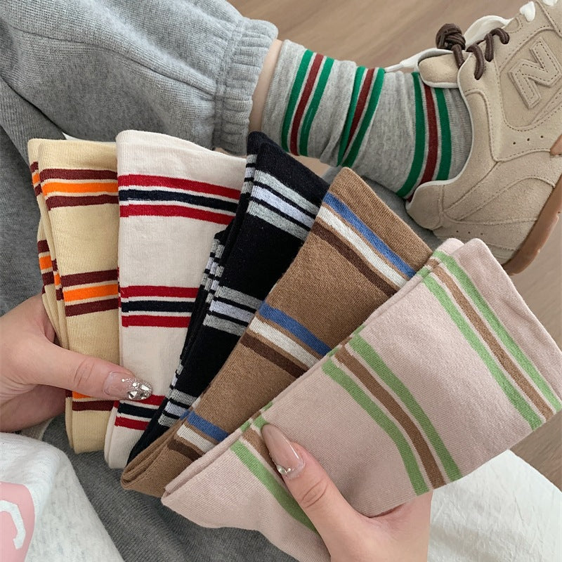 Cotton Color Block Striped Crew Socks