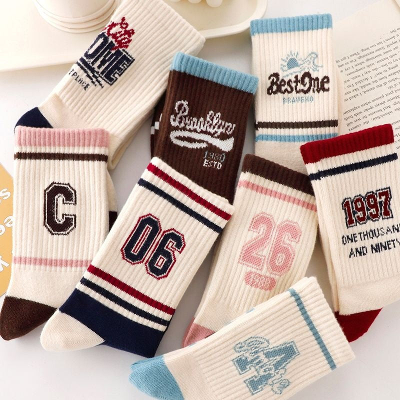 Cotton Retro Letter & Number Print Sports Crew Socks