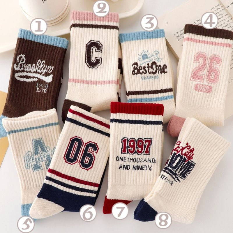 Cotton Retro Letter & Number Print Sports Crew Socks